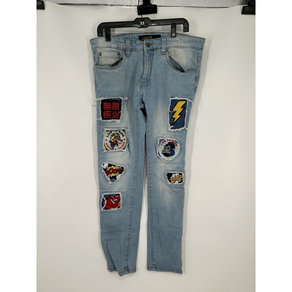 Copper Rivet Embroidered Patches Jeans Graphic Straight Leg Blue Mens Size 32x30